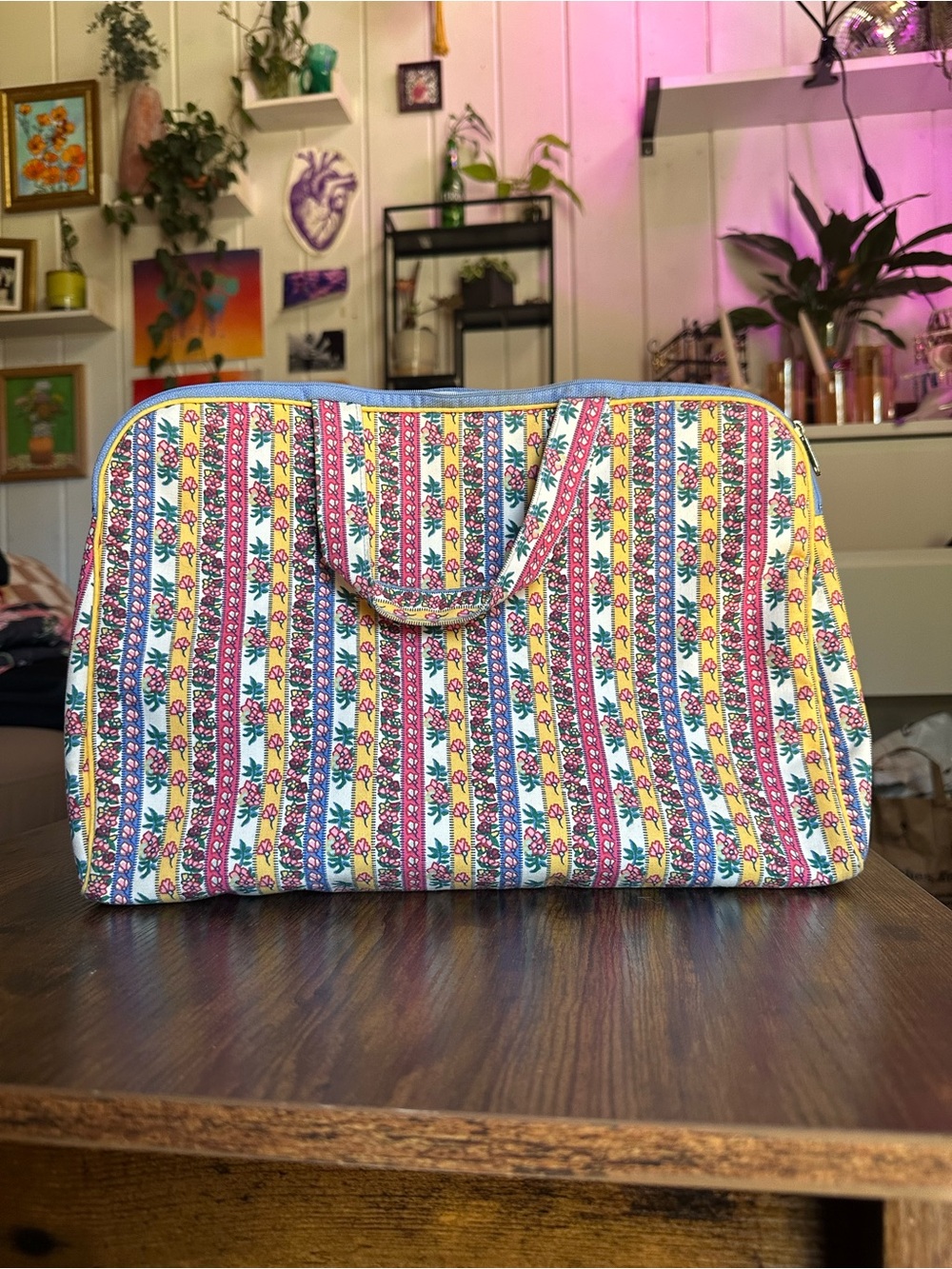 Striped Floral Travel Tote Bag in Yellow and Pink